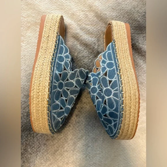 Bohemian Blue Floral Cutout Espadrille Mules – Denim Lace Platform Slides 37 7 - Picture 6 of 10